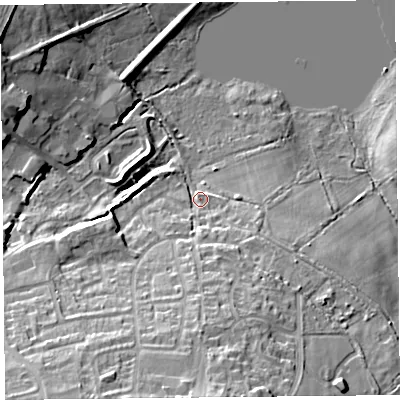 Shaded relief map of the ground around TA201RY, computed from Environment Agency LiDAR. The ground here sits at about 78 m above sea level and falls 26 m across the surrounding 800 m. Surface water reaching this point runs off ground lying to the south, 21.2 m higher.