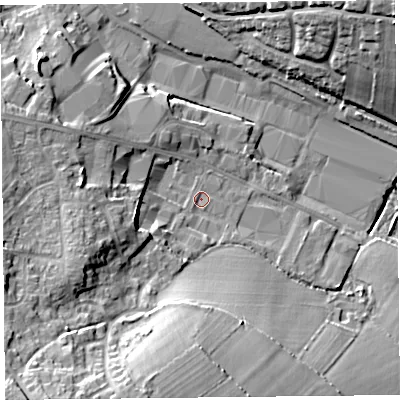 Shaded relief map of the ground around TA202BB, computed from Environment Agency LiDAR. The ground here sits at about 91 m above sea level and falls 23 m across the surrounding 800 m. Surface water reaching this point runs off ground lying to the south-west, 18.1 m higher.