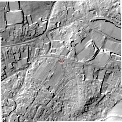 Shaded relief map of the ground around TA202DA, computed from Environment Agency LiDAR. The ground here sits at about 98 m above sea level and falls 31 m across the surrounding 800 m. Surface water reaching this point runs off ground lying to the south-west, 10.5 m higher.