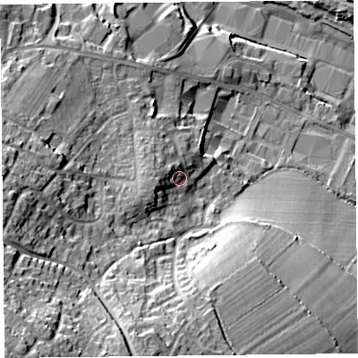 Shaded relief map of the ground around TA202DF, computed from Environment Agency LiDAR. The ground here sits at about 97 m above sea level and falls 32 m across the surrounding 800 m. Surface water reaching this point runs off ground lying to the west-south-west, 5.2 m higher.