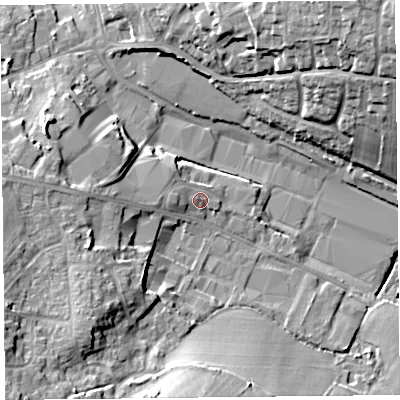 Shaded relief map of the ground around TA202DJ, computed from Environment Agency LiDAR. The ground here sits at about 92 m above sea level and falls 23 m across the surrounding 800 m. Surface water reaching this point runs off ground lying to the west, 1.8 m higher.