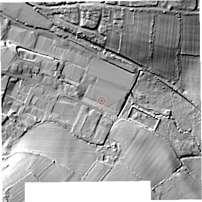Shaded relief map of the ground around TA202GB, computed from Environment Agency LiDAR. The ground here sits at about 88 m above sea level and falls 24 m across the surrounding 800 m. Surface water reaching this point runs off ground lying to the south-west, 18.5 m higher.