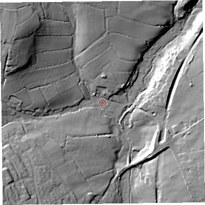 Shaded relief map of the ground around TA202LF, computed from Environment Agency LiDAR. The ground here sits at about 63 m above sea level and falls 34 m across the surrounding 800 m. Surface water reaching this point runs off ground lying to the north-west, 30.1 m higher.