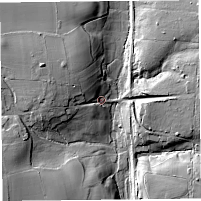 Shaded relief map of the ground around TA202NB, computed from Environment Agency LiDAR. The ground here sits at about 79 m above sea level and falls 27 m across the surrounding 800 m. Surface water reaching this point runs off ground lying to the north-west, 18.1 m higher.