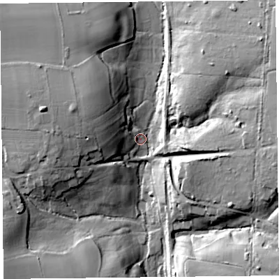 Shaded relief map of the ground around TA202ND, computed from Environment Agency LiDAR. The ground here sits at about 76 m above sea level and falls 28 m across the surrounding 800 m. Surface water reaching this point runs off ground lying to the west-north-west, 19.0 m higher.