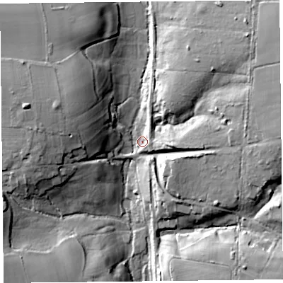 Shaded relief map of the ground around TA202NE, computed from Environment Agency LiDAR. The ground here sits at about 76 m above sea level and falls 29 m across the surrounding 800 m. Surface water reaching this point runs off ground lying to the north-east, 26.7 m higher.