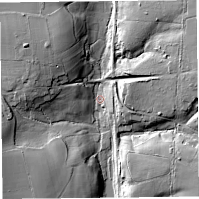 Shaded relief map of the ground around TA202NF, computed from Environment Agency LiDAR. The ground here sits at about 75 m above sea level and falls 28 m across the surrounding 800 m. Surface water reaching this point runs off ground lying to the north-east, 26.1 m higher.