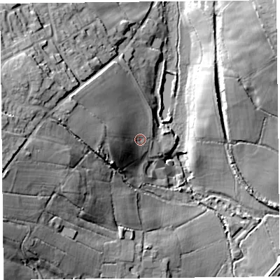 Shaded relief map of the ground around TA202NR, computed from Environment Agency LiDAR. The ground here sits at about 65 m above sea level and falls 36 m across the surrounding 800 m. Surface water reaching this point runs off ground lying to the west, 15.0 m higher.