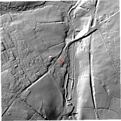 Shaded relief map of the ground around TA202QG, computed from Environment Agency LiDAR. The ground here sits at about 65 m above sea level and falls 33 m across the surrounding 800 m. Surface water reaching this point runs off ground lying to the west-south-west, 24.4 m higher.