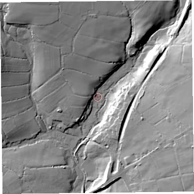 Shaded relief map of the ground around TA202SX, computed from Environment Agency LiDAR. The ground here sits at about 64 m above sea level and falls 29 m across the surrounding 800 m. Surface water reaching this point runs off ground lying to the north-west, 25.0 m higher.