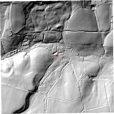 Shaded relief map of the ground around TA203AD, computed from Environment Agency LiDAR. The ground here sits at about 82 m above sea level and falls 47 m across the surrounding 800 m. Surface water reaching this point runs off ground lying to the south-west, 21.7 m higher.