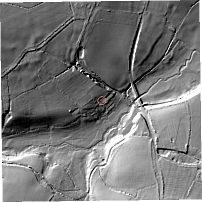 Shaded relief map of the ground around TA203AG, computed from Environment Agency LiDAR. The ground here sits at about 72 m above sea level and falls 38 m across the surrounding 800 m. Surface water reaching this point runs off ground lying to the west-north-west, 12.2 m higher.