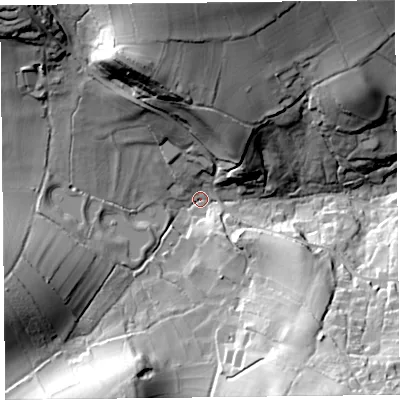 Shaded relief map of the ground around TA203AU, computed from Environment Agency LiDAR. The ground here sits at about 102 m above sea level and falls 46 m across the surrounding 800 m. Surface water reaching this point runs off ground lying to the north-north-west, 39.8 m higher.