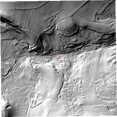 Shaded relief map of the ground around TA203AX, computed from Environment Agency LiDAR. The ground here sits at about 100 m above sea level and falls 54 m across the surrounding 800 m. Surface water reaching this point runs off ground lying to the south, 39.7 m higher.