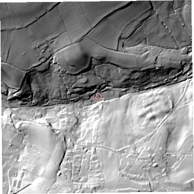 Shaded relief map of the ground around TA203AY, computed from Environment Agency LiDAR. The ground here sits at about 96 m above sea level and falls 55 m across the surrounding 800 m. Surface water reaching this point runs off ground lying to the north-west, 47.6 m higher.