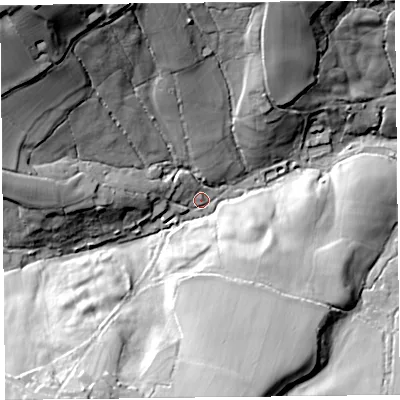 Shaded relief map of the ground around TA203BL, computed from Environment Agency LiDAR. The ground here sits at about 89 m above sea level and falls 60 m across the surrounding 800 m. Surface water reaching this point runs off ground lying to the west, 12.0 m higher.