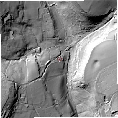 Shaded relief map of the ground around TA203EL, computed from Environment Agency LiDAR. The ground here sits at about 134 m above sea level and falls 72 m across the surrounding 800 m. Surface water reaching this point runs off ground lying to the west-south-west, 50.7 m higher.