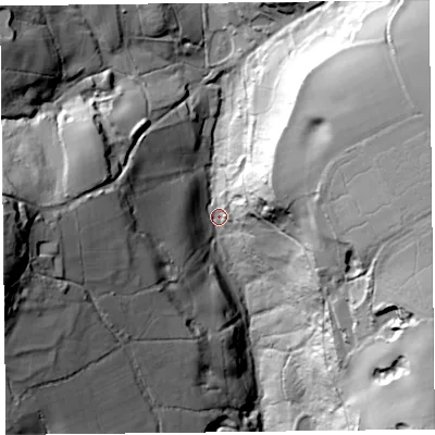 Shaded relief map of the ground around TA203EW, computed from Environment Agency LiDAR. The ground here sits at about 123 m above sea level and falls 75 m across the surrounding 800 m. Surface water reaching this point runs off ground lying to the east-north-east, 68.4 m higher.