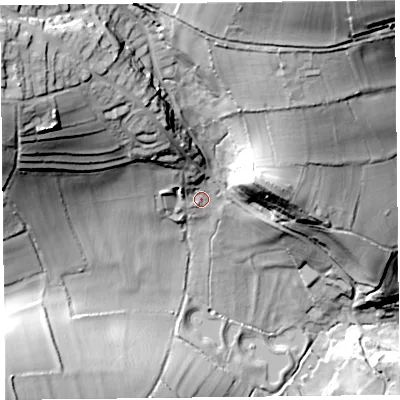 Shaded relief map of the ground around TA203NP, computed from Environment Agency LiDAR. The ground here sits at about 118 m above sea level and falls 70 m across the surrounding 800 m. Surface water reaching this point runs off ground lying to the north-north-west, 14.5 m higher.