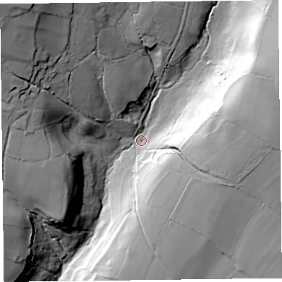 Shaded relief map of the ground around TA203PX, computed from Environment Agency LiDAR. The ground here sits at about 172 m above sea level and falls 63 m across the surrounding 800 m. Surface water reaching this point runs off ground lying to the north-west, 49.4 m higher.