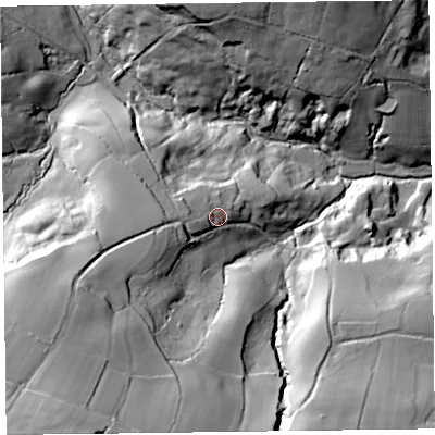 Shaded relief map of the ground around TA203QL, computed from Environment Agency LiDAR. The ground here sits at about 187 m above sea level and falls 86 m across the surrounding 800 m. Surface water reaching this point runs off ground lying to the south-west, 41.3 m higher.