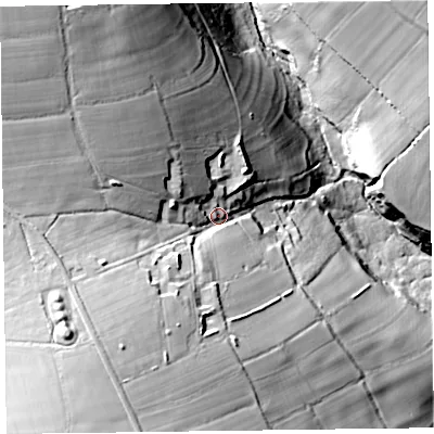Shaded relief map of the ground around TA203QP, computed from Environment Agency LiDAR. The ground here sits at about 239 m above sea level and falls 75 m across the surrounding 800 m. Surface water reaching this point runs off ground lying to the north-west, 37.3 m higher.