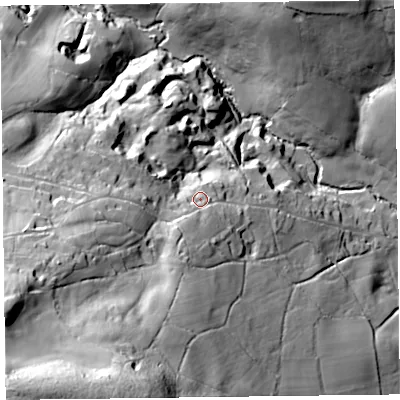 Shaded relief map of the ground around TA203RS, computed from Environment Agency LiDAR. The ground here sits at about 171 m above sea level and falls 93 m across the surrounding 800 m. Surface water reaching this point runs off ground lying to the south-south-west, 13.8 m higher.