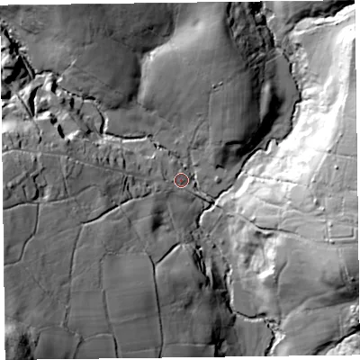 Shaded relief map of the ground around TA203RU, computed from Environment Agency LiDAR. The ground here sits at about 141 m above sea level and falls 74 m across the surrounding 800 m. Surface water reaching this point runs off ground lying to the south-west, 51.0 m higher.