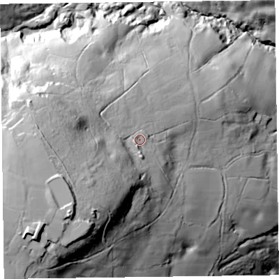 Shaded relief map of the ground around TA203RY, computed from Environment Agency LiDAR. The ground here sits at about 202 m above sea level and falls 112 m across the surrounding 800 m. Surface water reaching this point runs off ground lying to the south-west, 44.9 m higher.