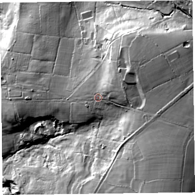 Shaded relief map of the ground around TA203SZ, computed from Environment Agency LiDAR. The ground here sits at about 196 m above sea level and falls 84 m across the surrounding 800 m. Surface water reaching this point runs off ground lying to the east-north-east, 17.3 m higher.