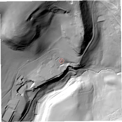 Shaded relief map of the ground around TA204DE, computed from Environment Agency LiDAR. The ground here sits at about 135 m above sea level and falls 102 m across the surrounding 800 m. Surface water reaching this point runs off ground lying to the north-west, 79.7 m higher.