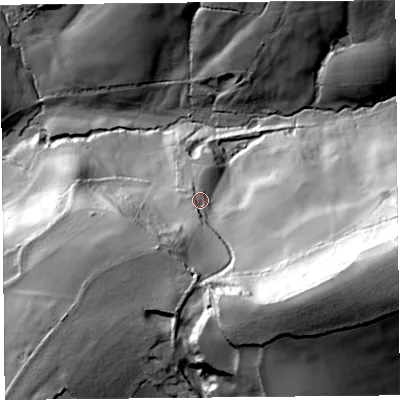 Shaded relief map of the ground around TA204EL, computed from Environment Agency LiDAR. The ground here sits at about 123 m above sea level and falls 89 m across the surrounding 800 m. Surface water reaching this point runs off ground lying to the south-south-east, 45.5 m higher.
