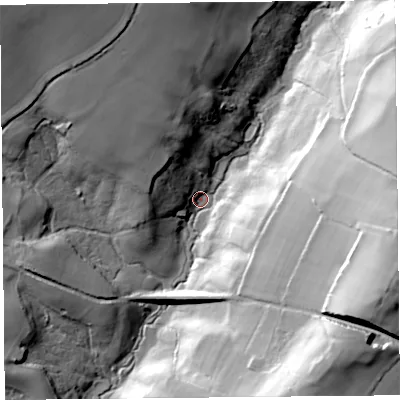 Shaded relief map of the ground around TA204JP, computed from Environment Agency LiDAR. The ground here sits at about 82 m above sea level and falls 57 m across the surrounding 800 m. Surface water reaching this point runs off ground lying to the north-west, 52.4 m higher.