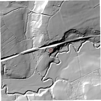Shaded relief map of the ground around TA204LB, computed from Environment Agency LiDAR. The ground here sits at about 74 m above sea level and falls 37 m across the surrounding 800 m. Surface water reaching this point runs off ground lying to the north, 8.9 m higher.