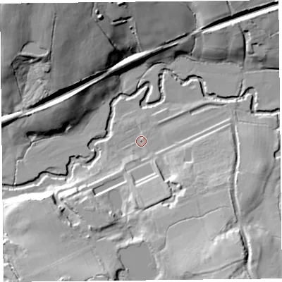 Shaded relief map of the ground around TA204LU, computed from Environment Agency LiDAR. The ground here sits at about 65 m above sea level and falls 35 m across the surrounding 800 m. Surface water reaching this point runs off ground lying to the south-south-east, 10.4 m higher.