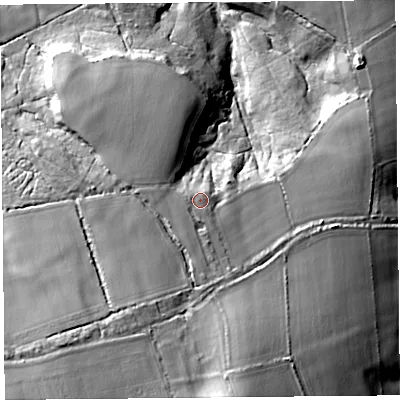 Shaded relief map of the ground around TA204LZ, computed from Environment Agency LiDAR. The ground here sits at about 93 m above sea level and falls 42 m across the surrounding 800 m. Surface water reaching this point runs off ground lying to the south, 5.5 m higher.