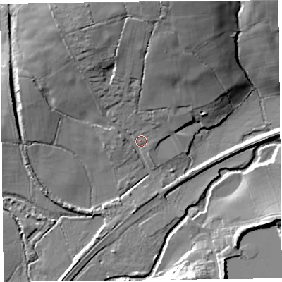 Shaded relief map of the ground around TA204QN, computed from Environment Agency LiDAR. The ground here sits at about 60 m above sea level and falls 27 m across the surrounding 800 m. Surface water reaching this point runs off ground lying to the north, 20.8 m higher.
