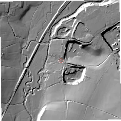 Shaded relief map of the ground around TA204QT, computed from Environment Agency LiDAR. The ground here sits at about 57 m above sea level and falls 39 m across the surrounding 800 m. Surface water reaching this point runs off ground lying to the south-east, 36.1 m higher.