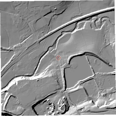 Shaded relief map of the ground around TA204QW, computed from Environment Agency LiDAR. The ground here sits at about 57 m above sea level and falls 29 m across the surrounding 800 m. Surface water reaching this point runs off ground lying to the south-east, 23.8 m higher.