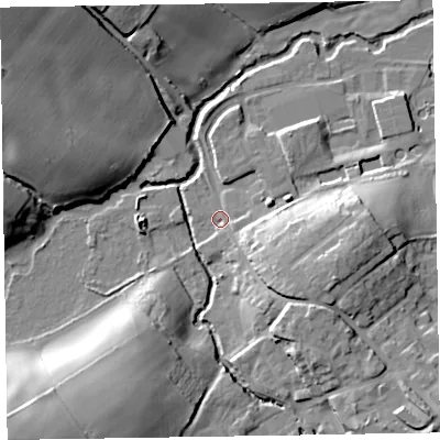 Shaded relief map of the ground around TA210AL, computed from Environment Agency LiDAR. The ground here sits at about 48 m above sea level and falls 25 m across the surrounding 800 m. Surface water reaching this point runs off ground lying to the east-south-east, 12.4 m higher.