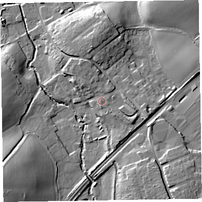 Shaded relief map of the ground around TA210AW, computed from Environment Agency LiDAR. The ground here sits at about 57 m above sea level and falls 27 m across the surrounding 800 m. Surface water reaching this point runs off ground lying to the north, 2.2 m higher.