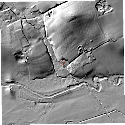 Shaded relief map of the ground around TA210BJ, computed from Environment Agency LiDAR. The ground here sits at about 46 m above sea level and falls 34 m across the surrounding 800 m. Surface water reaching this point runs off ground lying to the north-north-east, 30.0 m higher.