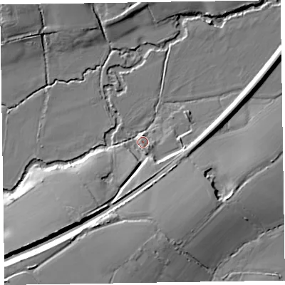 Shaded relief map of the ground around TA210DB, computed from Environment Agency LiDAR. The ground here sits at about 39 m above sea level and falls 20 m across the surrounding 800 m. Surface water reaching this point runs off ground lying to the south-west, 13.2 m higher.