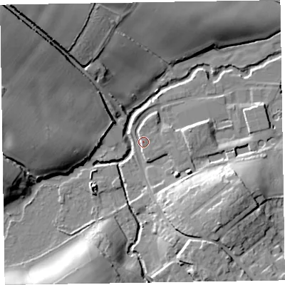 Shaded relief map of the ground around TA210DE, computed from Environment Agency LiDAR. The ground here sits at about 50 m above sea level and falls 28 m across the surrounding 800 m. Surface water reaching this point runs off ground lying to the south-east, 12.9 m higher.