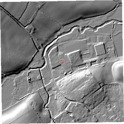 Shaded relief map of the ground around TA210DF, computed from Environment Agency LiDAR. The ground here sits at about 50 m above sea level and falls 26 m across the surrounding 800 m. Surface water reaching this point runs off ground lying to the south-east, 0.7 m higher.