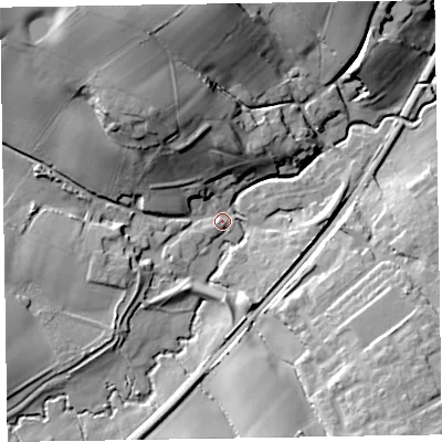 Shaded relief map of the ground around TA210DJ, computed from Environment Agency LiDAR. The ground here sits at about 61 m above sea level and falls 32 m across the surrounding 800 m. Surface water reaching this point runs off ground lying to the north-west, 27.7 m higher.