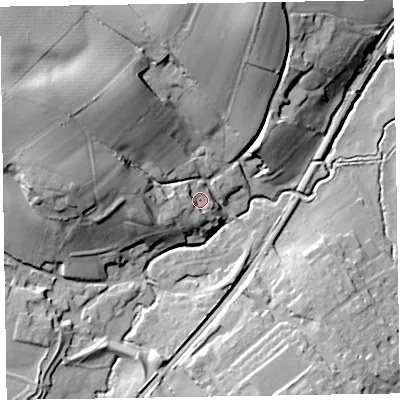 Shaded relief map of the ground around TA210DN, computed from Environment Agency LiDAR. The ground here sits at about 65 m above sea level and falls 34 m across the surrounding 800 m. Surface water reaching this point runs off ground lying to the west, 8.8 m higher.