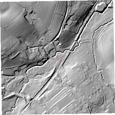 Shaded relief map of the ground around TA210DP, computed from Environment Agency LiDAR. The ground here sits at about 60 m above sea level and falls 34 m across the surrounding 800 m. Surface water reaching this point runs off ground lying to the west-north-west, 29.0 m higher.