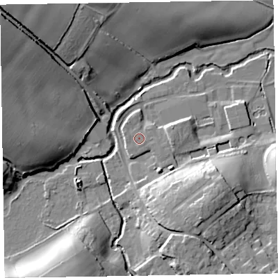 Shaded relief map of the ground around TA210DQ, computed from Environment Agency LiDAR. The ground here sits at about 49 m above sea level and falls 27 m across the surrounding 800 m. Surface water reaching this point runs off ground lying to the west, 0.9 m higher.