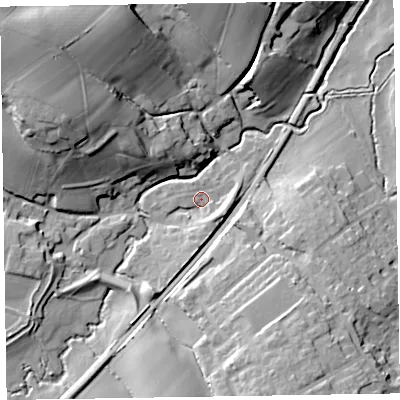 Shaded relief map of the ground around TA210DR, computed from Environment Agency LiDAR. The ground here sits at about 61 m above sea level and falls 33 m across the surrounding 800 m. Surface water reaching this point runs off ground lying to the south-east, 6.2 m higher.